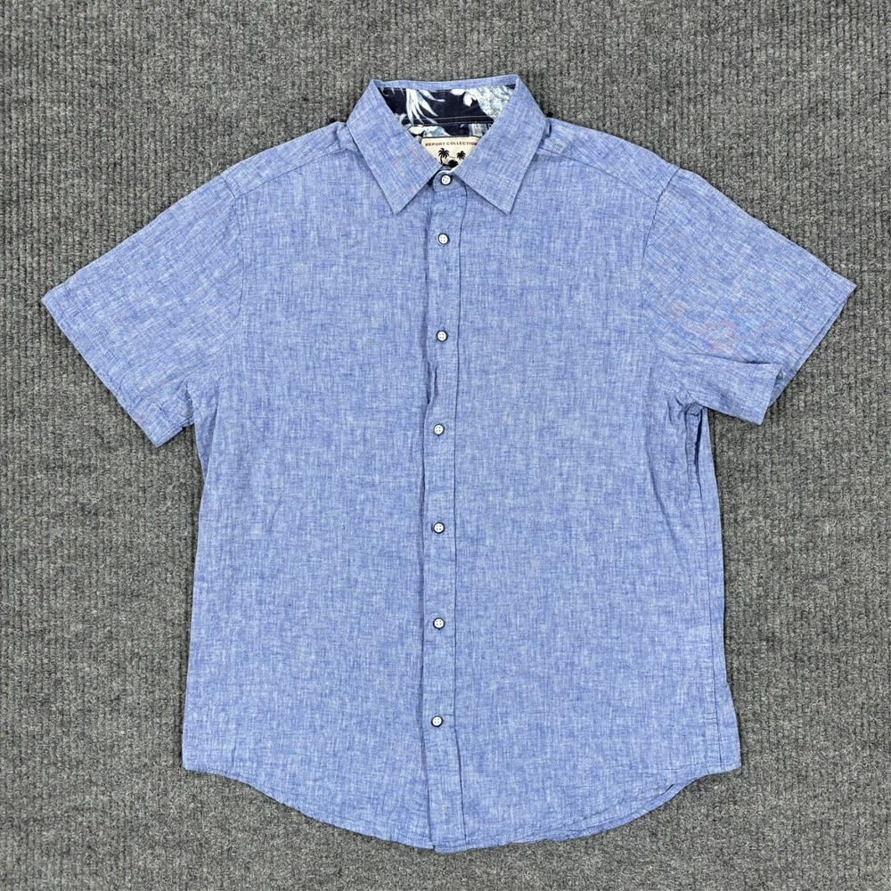 Report Collection Mens Button Up Shirt Size M Blue Linen Blend Short Sleeve